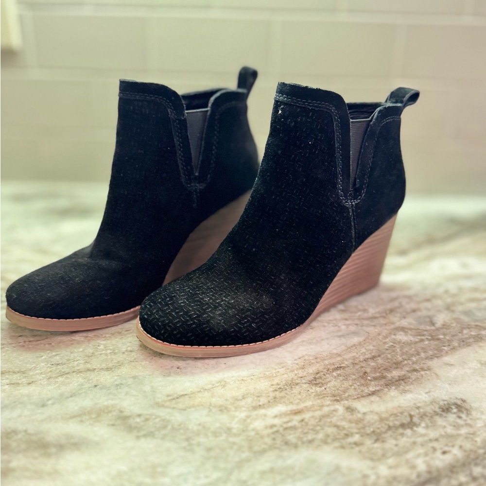 Crown Vintage Black Suede Wedge Ankle Boots with Tan Wedge